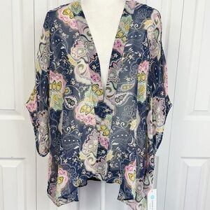 NWT Daniel Rainn Navy Multi Paisley Sheer Halvy Mixed Media Kimono Top